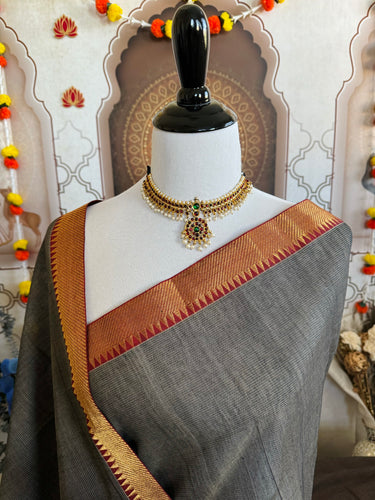 Handwoven Mangalgiri Cotton Saree | Gray | Gold Zari | Handwoven | Ships from California